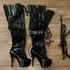 Black Patent Lace-Up Thigh-High Platform Heels